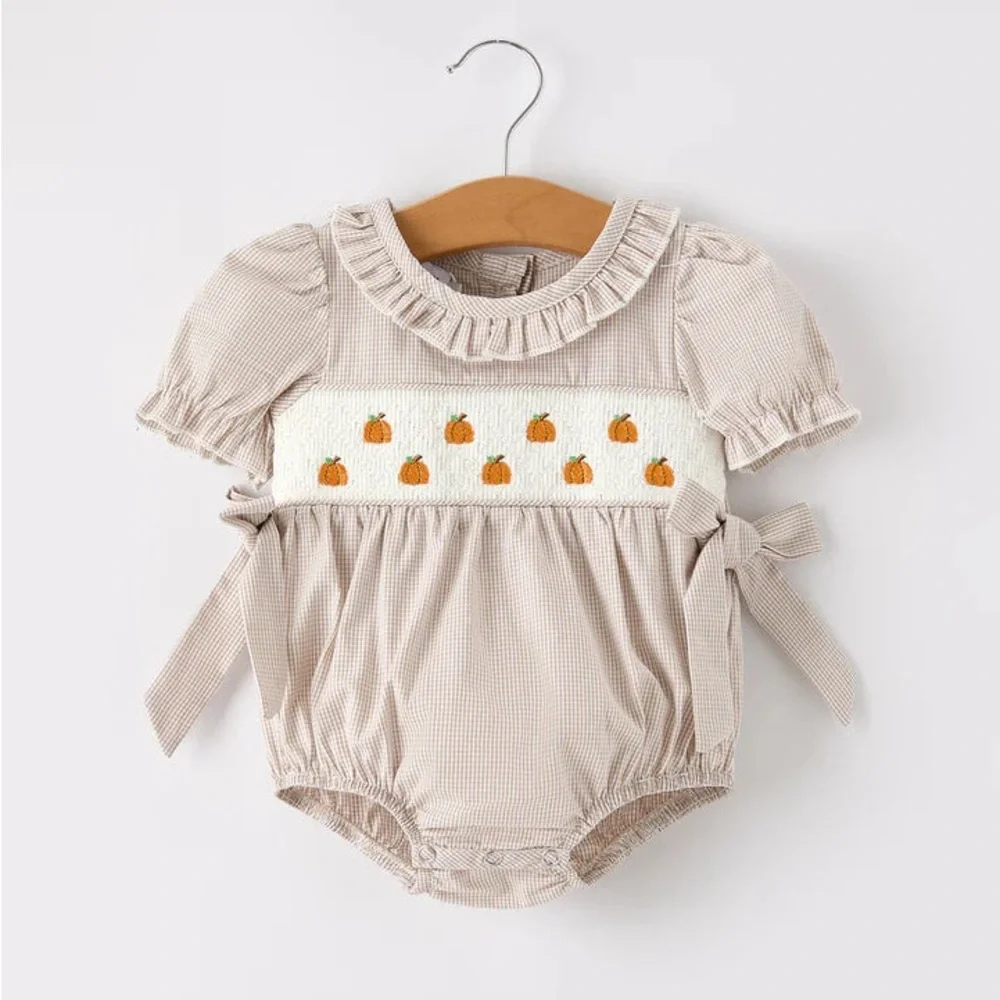 Fall Pumpkin Embroidered Smock Romper 3M
